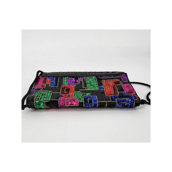 Geometric Sequin Crossbody Shoulder Bag Black with Multicolor Flap - Picture 4 of 13
